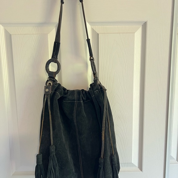 Vintage Lucky Brand Black Suede Leather Hobo Bag Purse 90s/Y2k fringe tassels - Picture 3 of 12